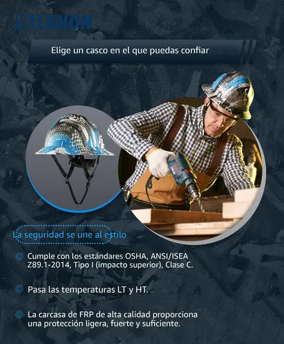 Miniatura 3 de LANON Casco duro de ala completa, aprobado por OSHA para trabajos de construcción, diseño de patrón azul premium, casco de seguridad FRP