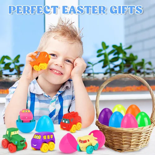 Miniatura 7 de Huevos de Pascua precargados con autos de juguete: 12 huevos de Pascua rellenos con juguetes de goma suave, rellenos de cesta de Pascua para bebés