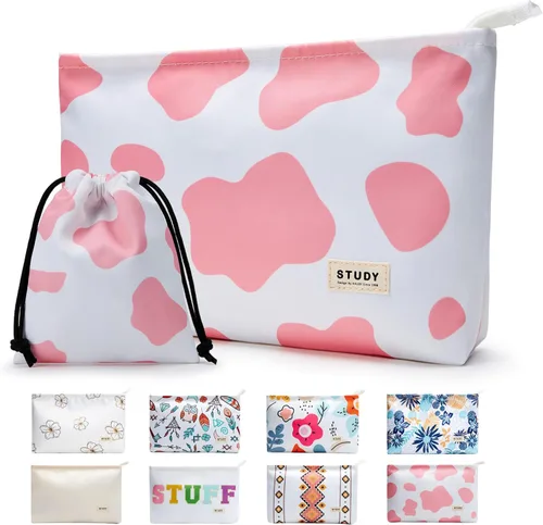 Miniatura 13 de WLLWOO - 2 bolsas de maquillaje de pana con cara sonriente, bolsa de cosméticos con cremallera interior impermeable, estuche para lápices, monedero