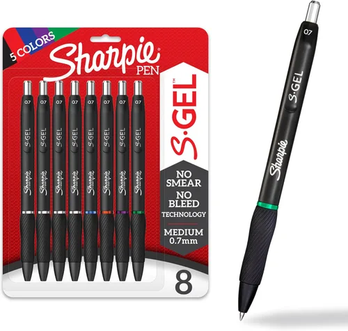 Sharpie Bolígrafos S-Gel, punta media (0.028 in), colores de tinta surtidos, 8 unidades, ideales para escribir, diario, dibujar, colorear, tomar
