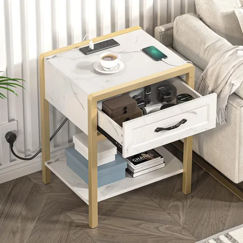 Miniatura 4 de IDEALHOUSE Mesa auxiliar moderna, mesita de noche blanca y dorada con estación de carga, mesita de noche con cajón, mesa auxiliar moderna