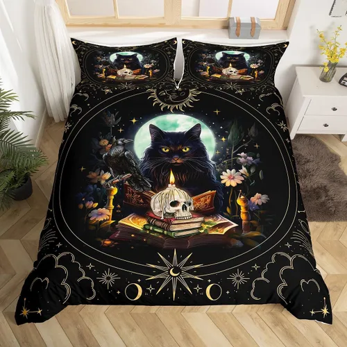 Miniatura 23 de Juego de funda de edredón para niños con diseño de gato lindo, tamaño individual, juego de ropa de cama con hojas de flores, luna, noche y cielo