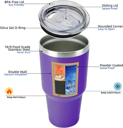 Miniatura 2 de BJPKPK Vaso de acero inoxidable de 30 onzas con tapa y pajita, aislado al vacío, vaso de agua y café de doble pared, color morado Púrpura-30oz