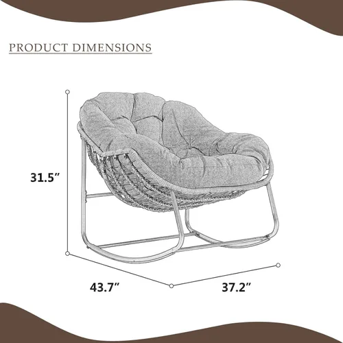 Miniatura 2 de Mecedora para patio al aire libre, cómoda silla mecedora de mimbre con cojín acolchado, silla de ratán de gran tamaño con marco de acero sólido