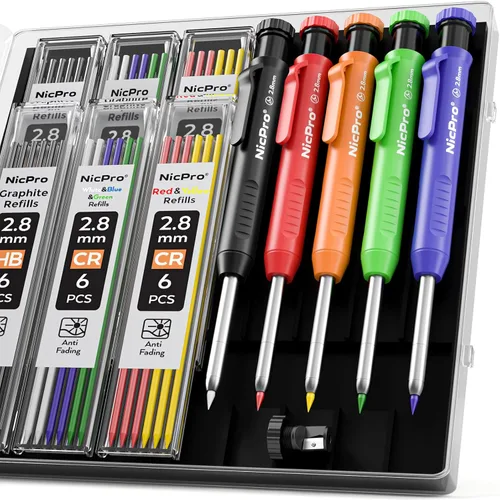 Miniatura 12 de Nicpro Lápiz de carpintero con sacapuntas, juego de lápices mecánicos con 26 recambios, marcador de agujeros profundos para construcción, Negro