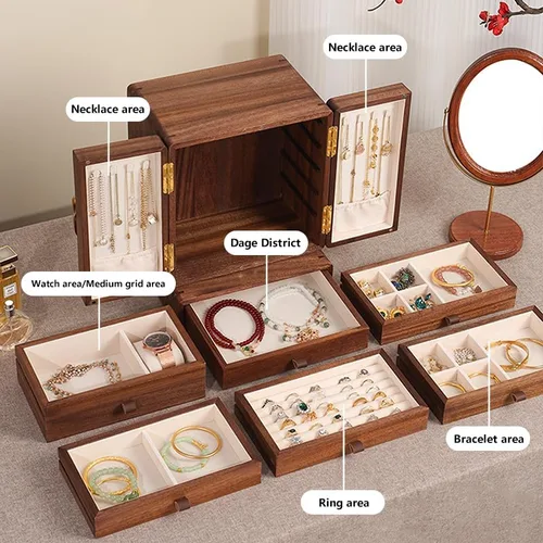 Miniatura 4 de Joyero de madera para mujer, organizador con cajones, organizador de almacenamiento de joyas para aretes, anillos, collares, pulseras