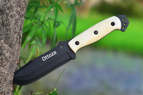 Miniatura 4 de Ottoza Cuchillo de caza de hoja fija con funda de cuero y transporte horizontal, cuchillo de supervivencia y campamento al aire libre de espiga