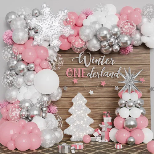 Miniatura 6 de Kit de Guirnalda de Arco de 140 Globos de Hielo y Nieve, Globos de Látex Azul, Plateado y Blanco con Globo de Copo de Nieve de Aluminio Transparente