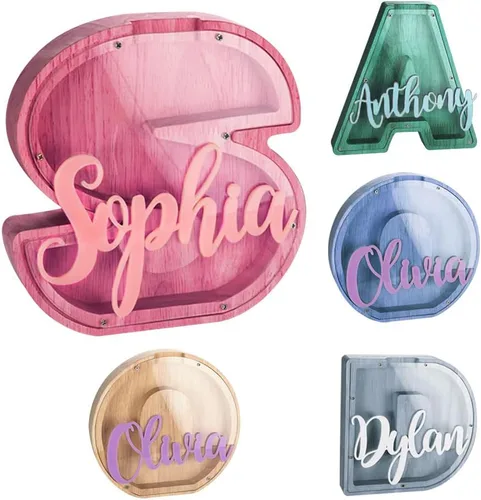 Miniatura 8 de callie Hucha personalizada con múltiples fuentes con texto multicolor grabado, caja de dinero personalizada de madera con inicial para niños