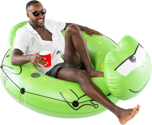 Miniatura 6 de BigMouth Inc Tubo grande de rana con asiento de malla, balsa de vinilo resistente para deriva de vías fluviales, portavasos integrado y cuerda