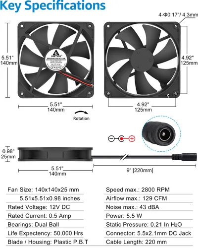 Miniatura 6 de GDSTIME Ventilador de 140 mm x 25 mm para computadora con enchufe AC, 110 V 120 V 220 V 240 V CA, controlador de velocidad variable de 4 V a 12 V