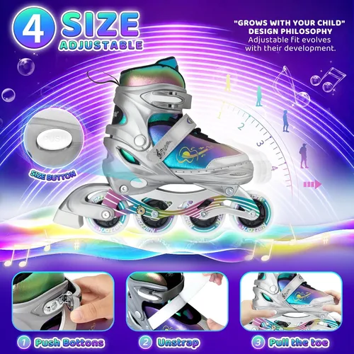 Miniatura 5 de Nattork Patines en línea ajustables para niños y adolescentes con ruedas iluminadas, color degradado, deslizamiento suave plateado