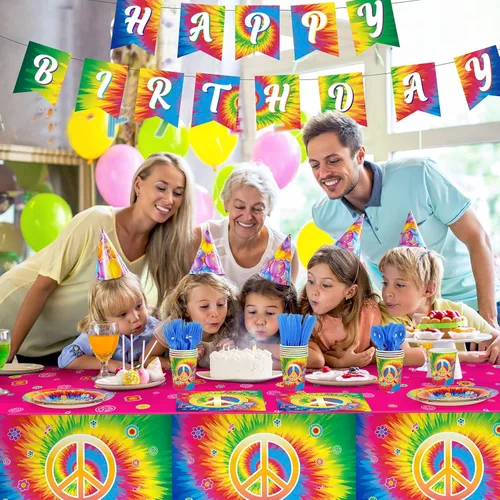 Miniatura 6 de 172 piezas de suministros para fiesta de cumpleaños de teñido anudado sirven para 24 personas y 60 años 60, decoración de fiesta temática hippie