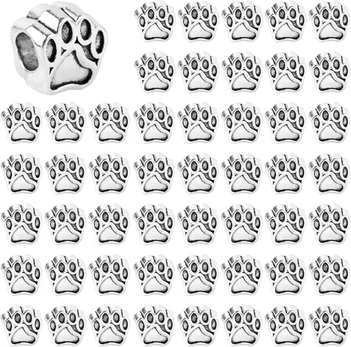 AUEAR, Cuentas de huella de perro vintage de 0.439 pulgadas (0.433 in), huella de pata de cachorro, agujero grande, dije de metal para pulseras