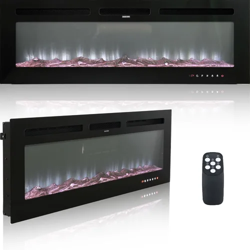 Chimenea eléctrica montada en la pared y empotrada de 60 pulgadas con control remoto temporizador de 8 horas, 12 llamas, pantalla táctil, calentador