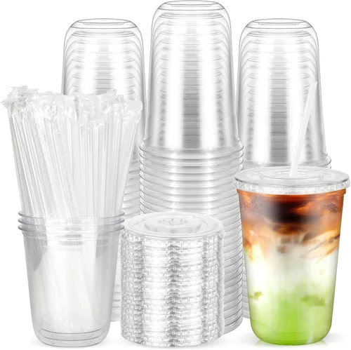 Miniatura 11 de 100 piezas de 12 onzas. Vasos desechables de plástico con tapas planas y popotes transparentes, vasos de fondo redondo para llevar café helado