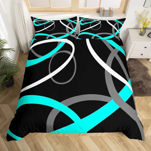 Miniatura 17 de Feelyou Juego de funda de edredón geométrica de color rojo, negro y gris, juego de ropa de cama retro con remolinos circulares a rayas circulares