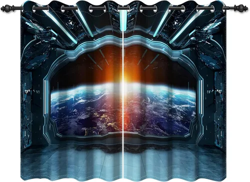 Miniatura 32 de Renaiss Cortinas para ventana del espacio exterior, paso interior de la estación espacial, corredor de ciencia ficción futurista, vista
