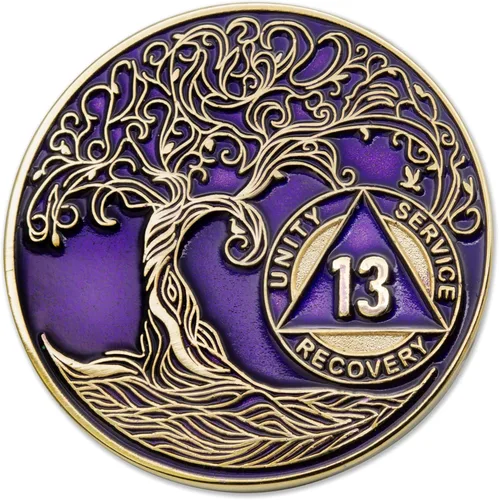 Medallón AA de 13 años, chip de recuperación AA chapado en oro, árbol de la vida, morado Púrpura