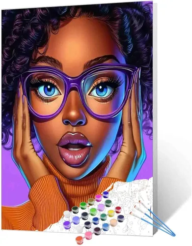 Miniatura 37 de Pintura de niña afro a la moda, kits de pintura por números, 16 x 20 pulgadas, lienzo de hojas tropicales, pintura al óleo para niños y adultos