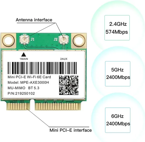 Miniatura 5 de WiFi 6E Half Mini PCI-E Tarjeta de red WiFi 802.11AX AC MPE-AXE3000H 2.4GHz 5GHz 6GHz 5400Mbps Tarjeta inalámbrica BT5.3 MU-MIMO mini PCIe Wi-Fi 6E