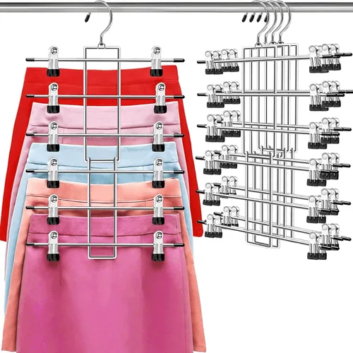 Perchas para pantalones con clips, organizador de armario de ahorro de espacio de 6 niveles, perchas para faldas con gancho giratorio de 360°,