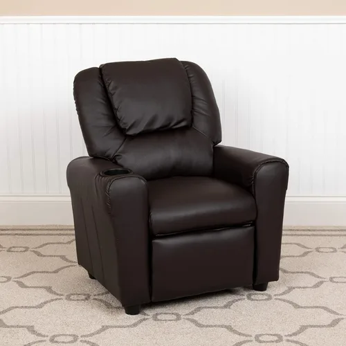 BizChair Sillón reclinable infantil LeatherSoft marrón con portavasos y reposacabezas Piel suave de color café.