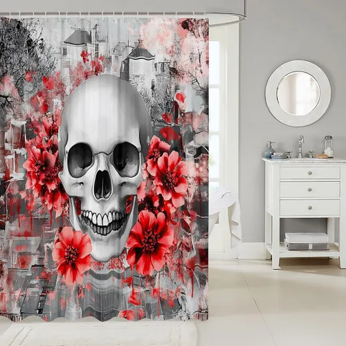 Miniatura 2 de Cortina de ducha con diseño de calavera de azúcar para niños y niñas, cortina de baño con rosas y rosas, decoración de habitación femenina