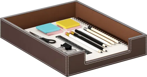 Miniatura 7 de Bandeja de cuero para cartas, elegante organizador de escritorio para suministros de oficina, correo, papel, archivo, revista, ahorro de espacio