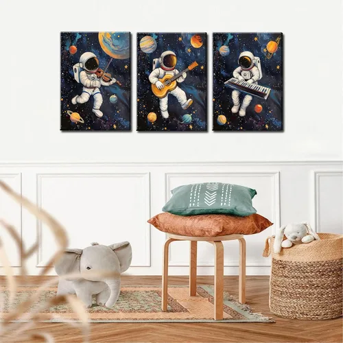 Miniatura 7 de 3 piezas de arte de pared de astronauta espacial musiic lienzo lindo astronauta músico decoración imágenes divertidas piano guitarra violín carteles