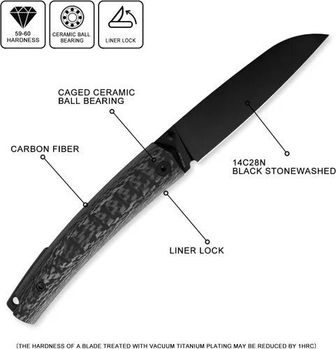 Miniatura 2 de Petrified fish PF719 - Cuchillo plegable, hoja de acero negro lavado a la piedra 14C28N de 3.38 pulgadas, mango de fibra de carbono, con bloqueo