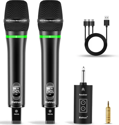 Bietrun Micrófono inalámbrico recargable, micrófonos inalámbricos dinámicos de mano inalámbricos de metal dual con salida de 1/4 pulgadas para