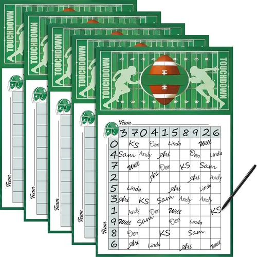 Zonon 5 pósteres cuadrados de hoja de juego de fútbol, cuadrados de 100 cuadrículas, pósteres de récord de puntuación de fútbol, fiestas de fútbol,