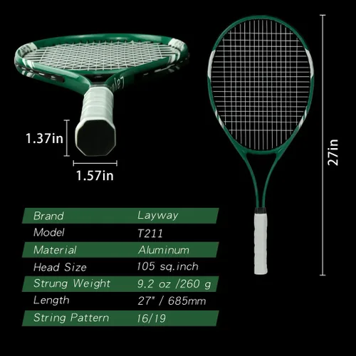 Miniatura 8 de Raquetas de tenis para 2 jugadores recreativas para principiantes, juego de raquetas adultas ligeras preencordadas de 27 pulgadas para mujeres
