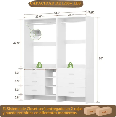 Miniatura 7 de Sistema de Almacenamiento Montado Aheaplus con 6 Cajones, Sistema de Organizador de Closet de 1.37m de Madera, para Closets de Entrada o Closets
