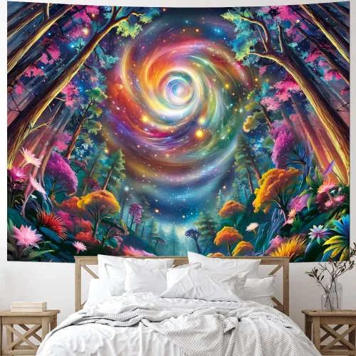 Miniatura 3 de Tushelia Tapiz espacial de galaxia con luz negra, tapiz reactivo a los rayos UV, tapiz de árbol de bosque con plantas florales, tapiz que brilla