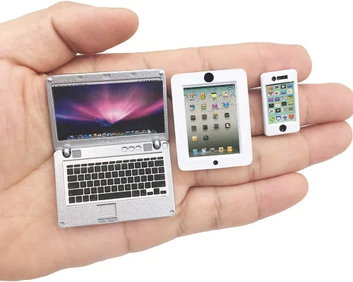 Paquete de 3 mini laptop, tableta y teléfono inteligente para casa de muñecas, accesorios de simulación de computadora para muñeca 1/6 1/12