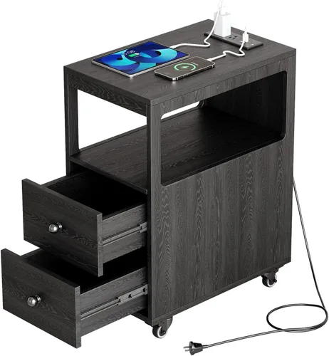 Miniatura 9 de Mesa auxiliar estrecha con estación de carga y ruedas, mesa auxiliar de sofá estrecha móvil con puertos USB y salidas para espacio pequeño, sala