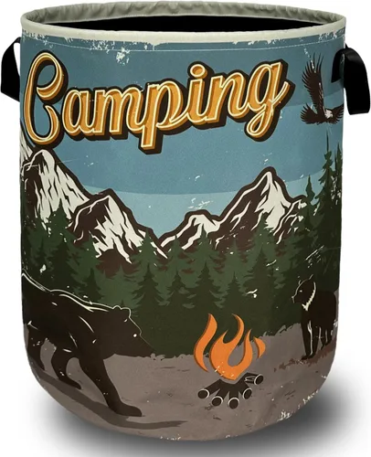 Cesta de lavandería retro con asas de oso de montaña, plegable, con asas, bolsa de tela Oxford, divertida cesta de lavandería, cubo de Retro camping