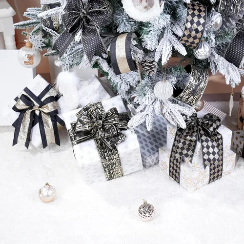 Miniatura 6 de MAYREEL Cinta de Navidad negra y dorada de 2.5 pulgadas con alambre para árboles de Navidad, coronas, adornos para la copa del árbol, manualidades