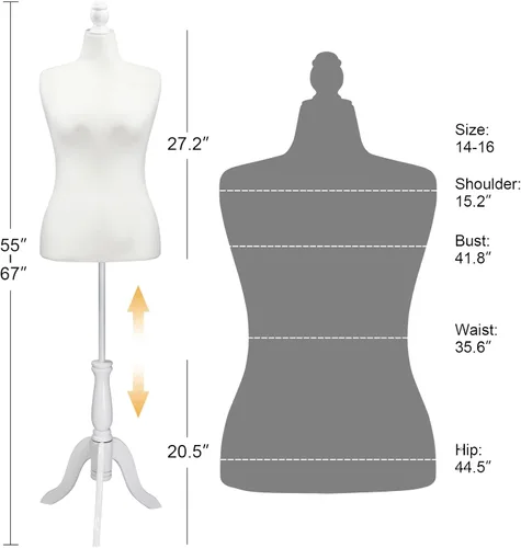 Miniatura 2 de Bonnlo Forma de Vestido Femenino Maniquí Torso Pinchable con Base de Trípode de Madera (Blanco, 14-16)