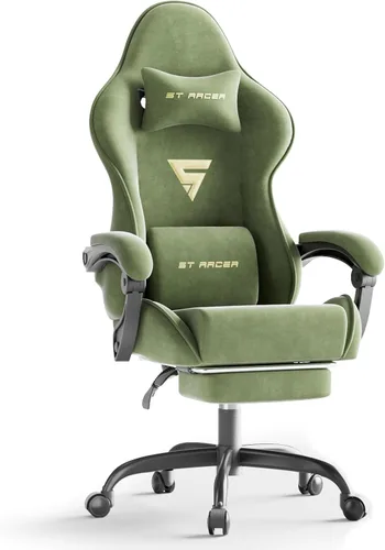Miniatura 13 de Ferghana Silla ergonómica de tela de terciopelo para videojuegos con reposapiés y masaje, respaldo alto, silla reclinable para computadora