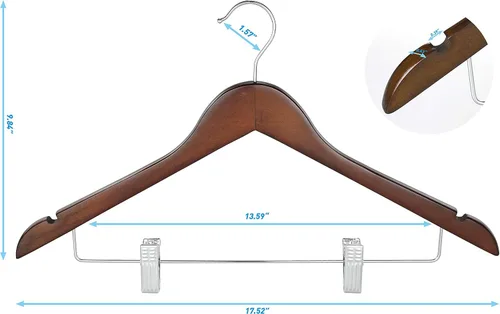 Miniatura 7 de TOPIA HANGER Perchas de madera para trajes con clips de metal ajustables (paquete de 10), perchas de ropa de madera maciza, gancho giratorio