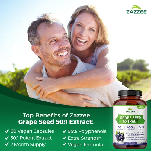 Miniatura 3 de Zazzee Alta Potencia Extracto de Semilla de Uva 50:1, 60 Cápsulas Veganas, 95% Polifenoles, 400 mg por Cápsula, Suministro para 2 Meses, Extracto