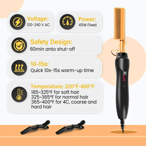 Miniatura 6 de Juego de 7 peines calientes, alisador eléctrico para cabello negro, juego de peine caliente con barra de cera para peluca, banda de encaje, peine