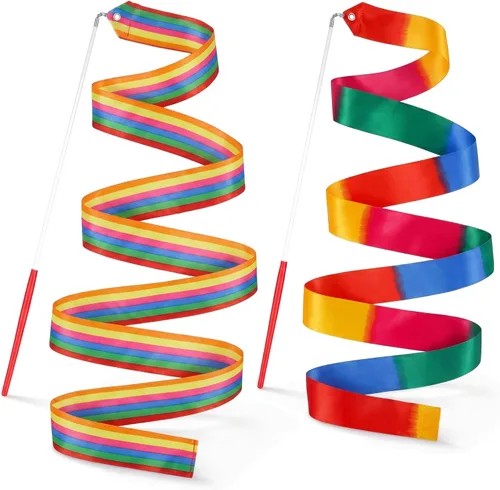 Miniatura 9 de YGEOMER 2 varillas bailarinas de cinta de seda 100% pura para niños, cinta de gimnasia y serpentinas arcoíris pastel para baile de maypole, fiesta