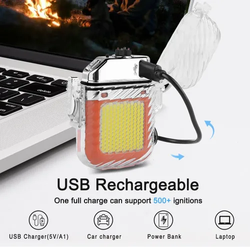 Miniatura 5 de SUPRUS Luminoso 3 modos de linterna resistente al viento, impermeable, encendedor eléctrico recargable de plasma de doble arco con silbato de Naranja