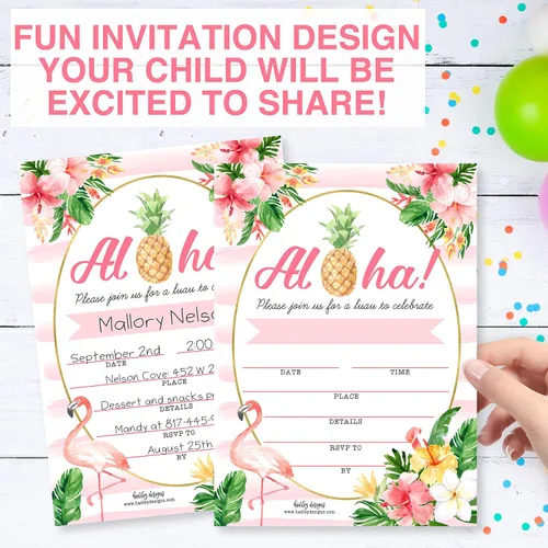 Miniatura 5 de Hadley Designs 25 invitaciones de fiesta en la piscina para niñas, invitaciones de cumpleaños tropicales hawaianas para niños y adultos, perfectas