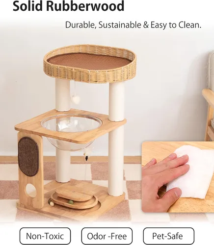 Miniatura 4 de Árbol de madera para gatos grandes, torre moderna para gatos con estantes anchos, postes rascadores de algodón, base súper resistente, perchas