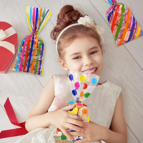 Miniatura 5 de Aneco Paquete de 100 bolsas de celofán arcoíris de 10.6 x 5.1 pulgadas, bolsas de plástico para dulces, bolsas de regalo, bolsas de regalo con lazos